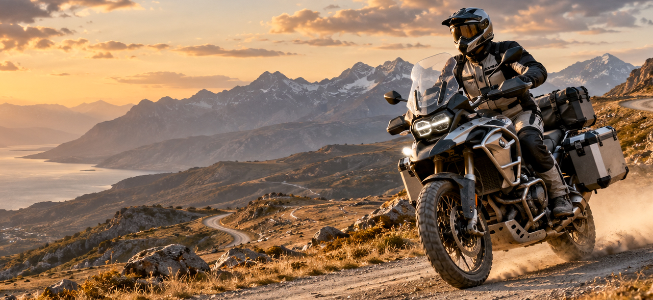 Motorcyclist wearing touring gear on a mountain road